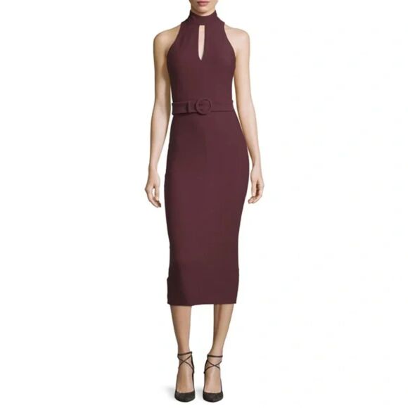 Cinq à Sept Juniper Belted Midi Dress Womens 6 Brown Keyhole Mockneck Sleeveless